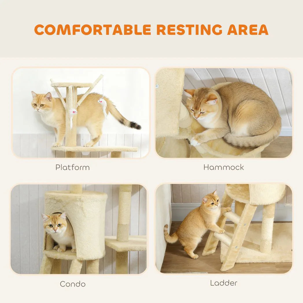 PawHut 134cm Multi-Level Cat Tower with Condo and Sisal Scratching Posts – Indoor Cat Tree, Beige