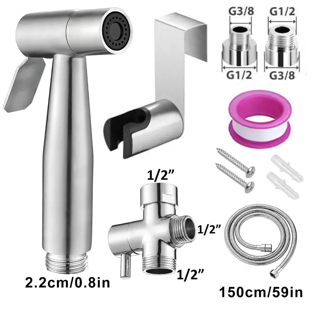 Stainless Steel Handheld Bidet Sprayer Set – Toilet Shower Head with 1.5m Hose, T-Valve and Thread Adapters, Silver