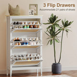 HOMCOM Boho Slim Shoe Cabinet with 3 Flip Drawers and Rattan Doors – Holds 21 Pairs, White