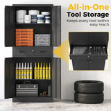 HOMCOM Metal Storage Cabinet with Locking Doors, Drawer & Adjustable Shelves – 180cm Tall Garage Tool Cabinet, Black