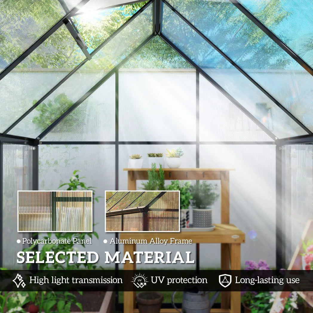 Outsunny 6 x 5.5ft Polycarbonate Greenhouse with Push Door, Roof Vent & Rain Gutter – Walk-In Garden Greenhouse, Black
