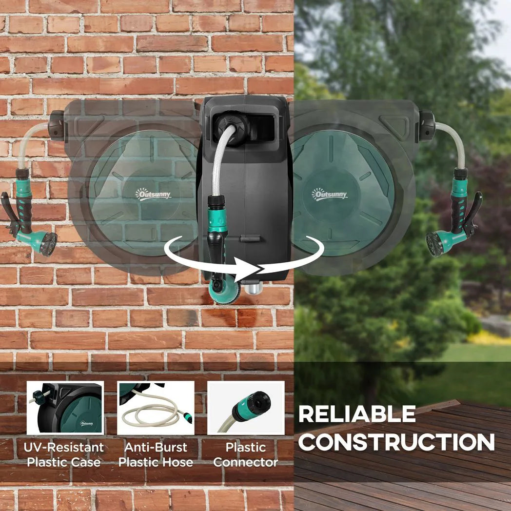 Outsunny 30m Retractable Wall-Mounted Hose Reel with Auto Rewind, Lock & 7-Pattern Nozzle – 180° Swivel, Green