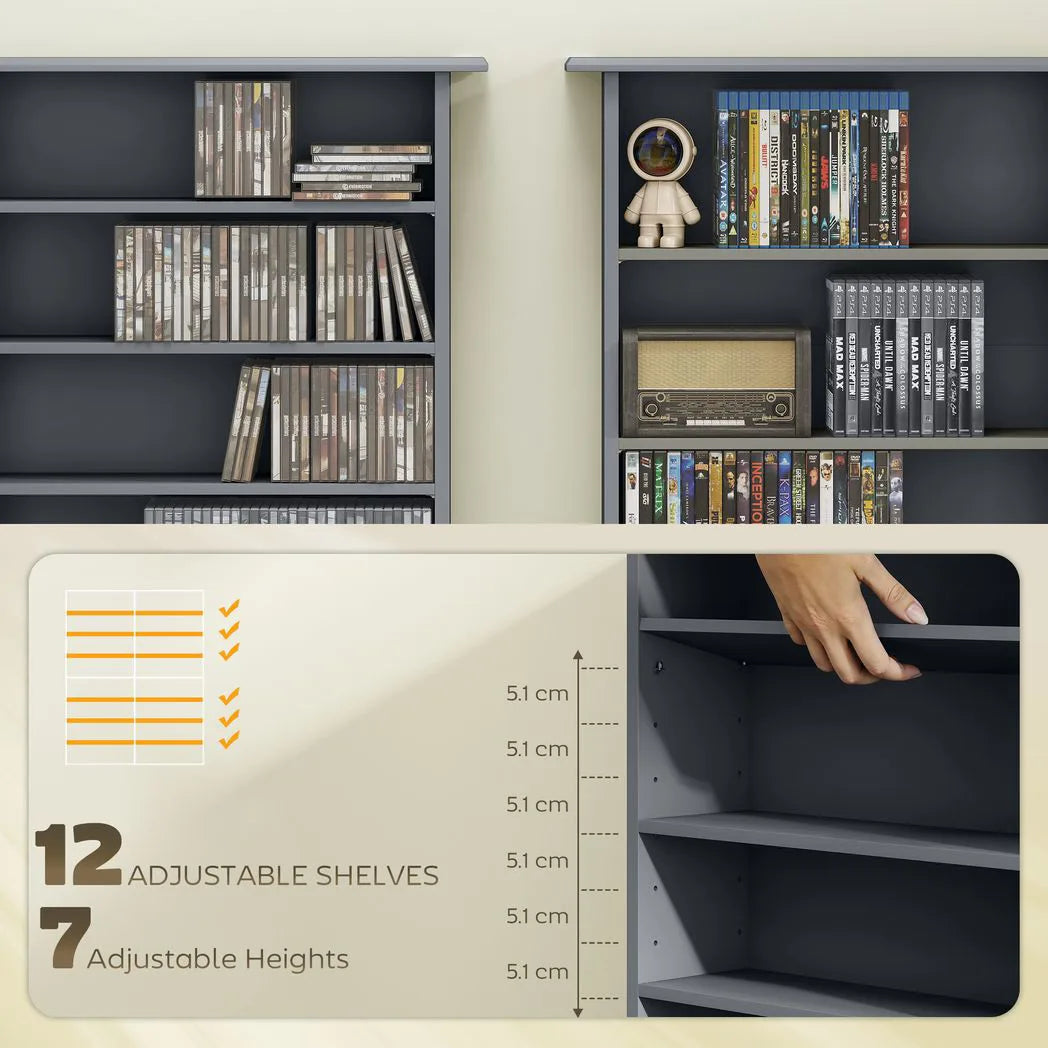 HOMCOM 16-Compartment Media Shelf with 12 Adjustable Shelves, Holds 720 CDs – CD and DVD Tower, Grey