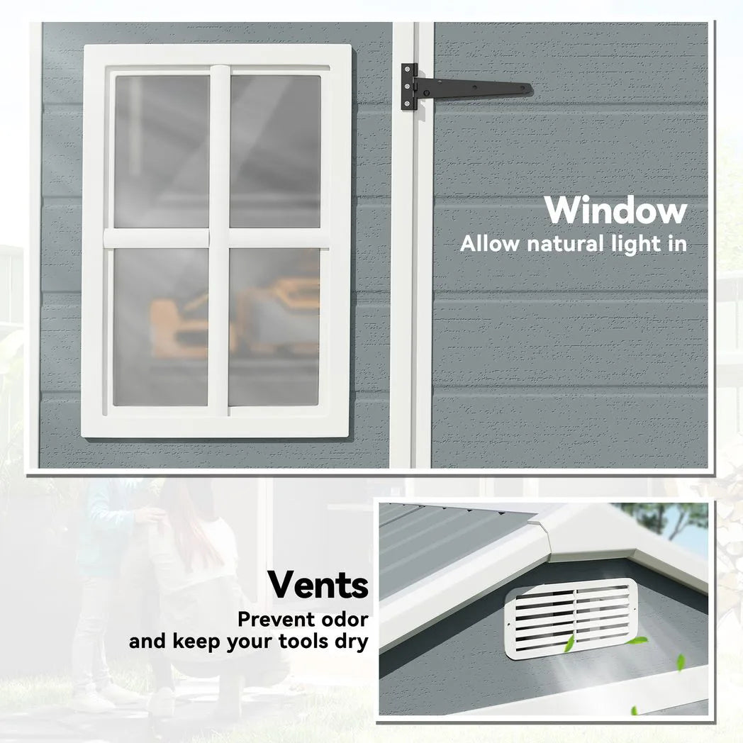 Outsunny 8 x 4 ft Plastic Garden Shed with Floor, Windows, Vents and Lockable Doors – Outdoor Storage, Light Grey