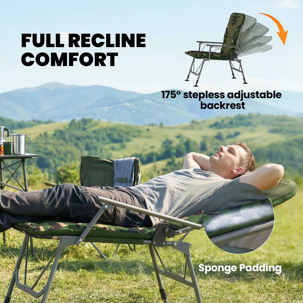 Outsunny Reclining Camping Chair with Padded Seat & Wide Armrests – Folding Fishing Chair, Camouflage