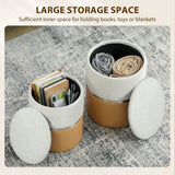 HOMCOM Set of 2 Nesting Round Storage Ottomans with Lift-Off Lids – Chenille and PU Leather, Cream and Brown