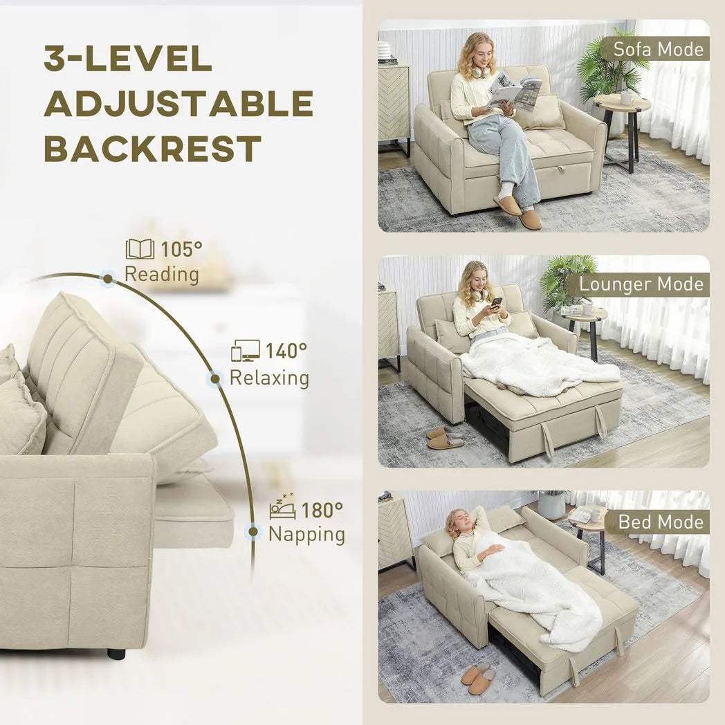 HOMCOM 2 Seater Sofa Bed with Click-Clack Backrest and 2 Pillows – 3-in-1 Convertible Sleeper Sofa, Light Brown