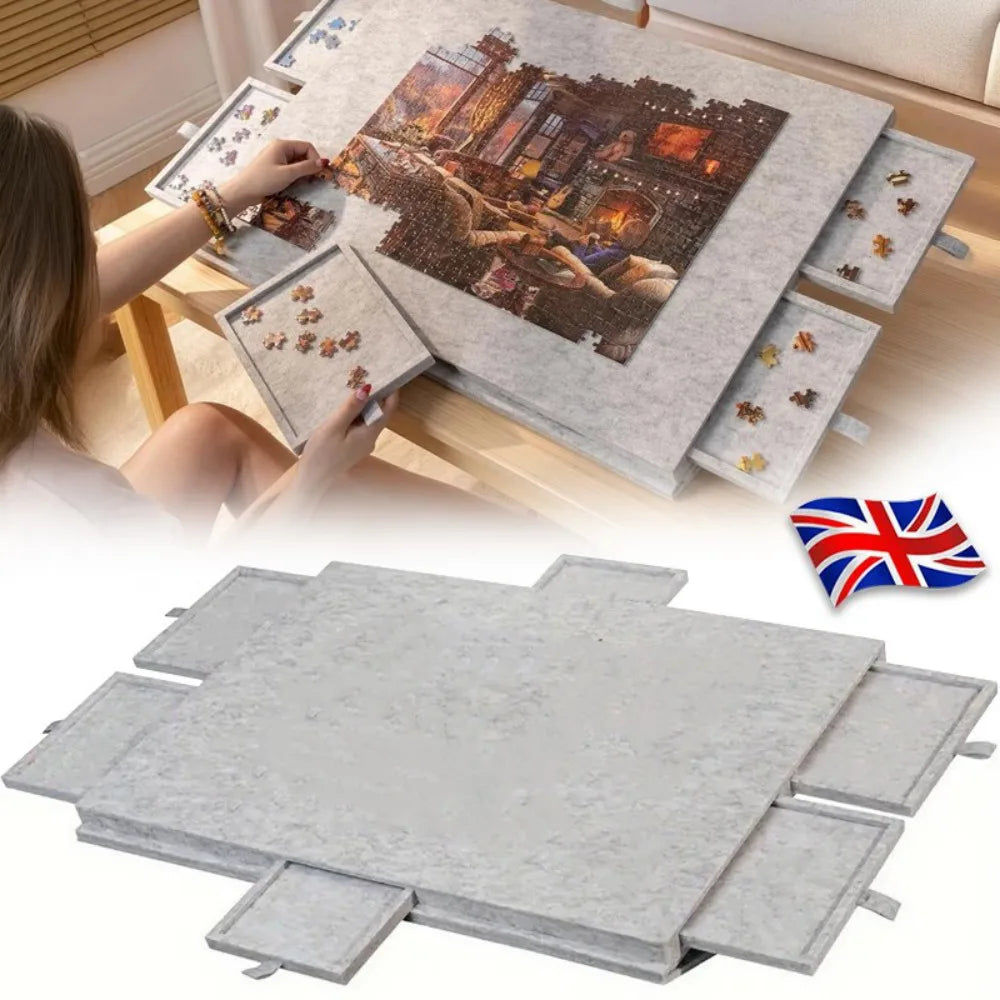 Felt Jigsaw Puzzle Board with 6 Drawers and Cover – Portable Storage Table for 1000 Pieces, Grey