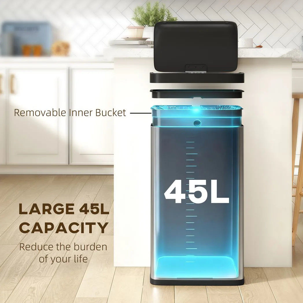 HOMCOM 45L Stainless Steel Sensor Bin with Soft-Close Lid and Removable Inner Bucket – Touchless Kitchen Bin