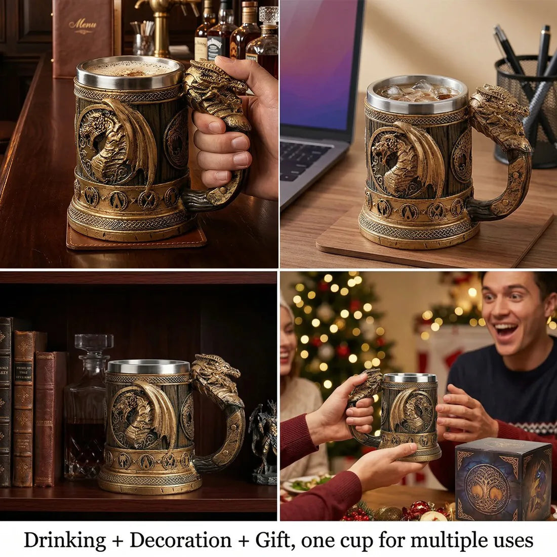Viking Stainless Steel and Resin Tankard, 550ml Nordic Beer & Coffee Mug – Retro Drinking Cup with Spoon