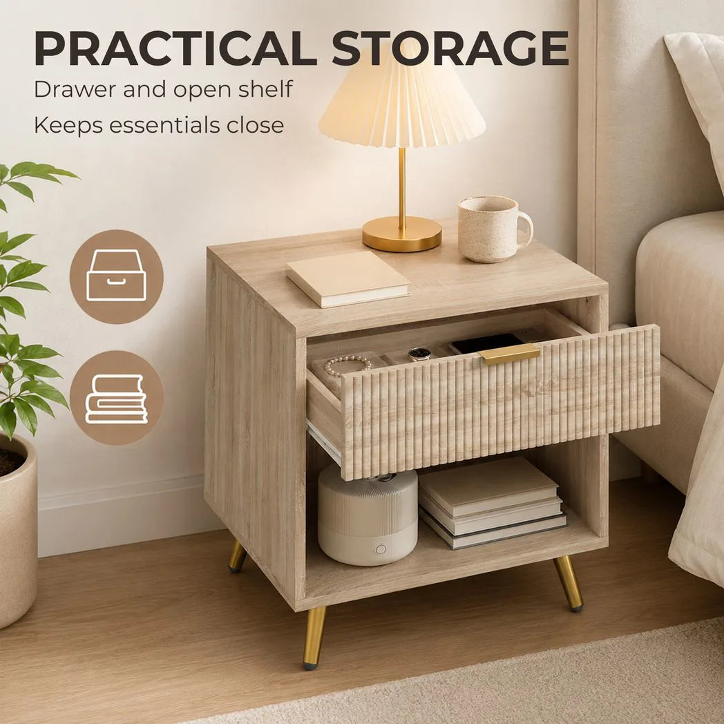 HOMCOM Bedside Table with Drawer and Open Compartment – Bedroom Nightstand, Natural Wood Finish
