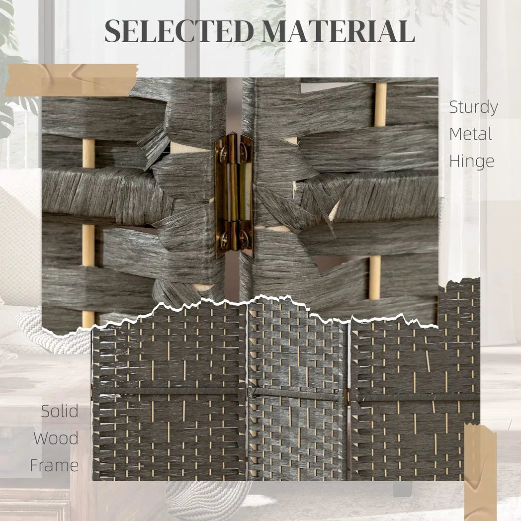 HOMCOM 4 Panel Folding Privacy Screen with Pine Wood Frame – Hand-Woven Room Divider, Dark Grey