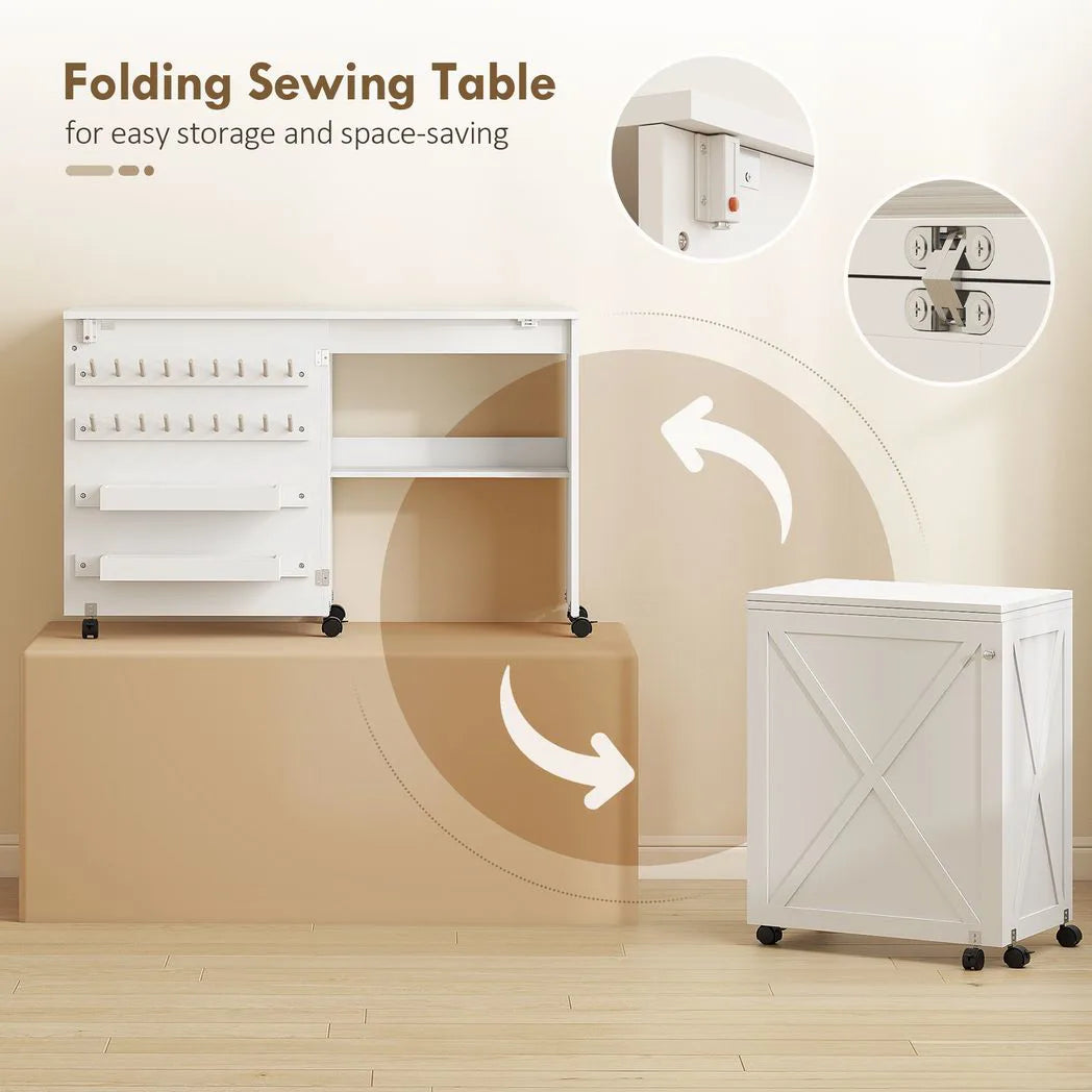 HOMCOM Folding Sewing Table with Storage, Shelf and Lockable Casters – Rolling Craft Table for Small Spaces, White