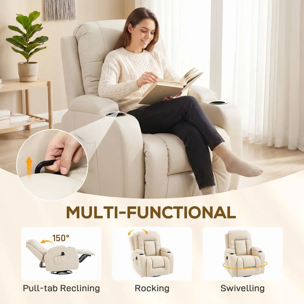 HOMCOM PU Leather Massage Recliner with Extended Footrest, Cup Holders and Side Pockets – Swivel Rocker, Cream