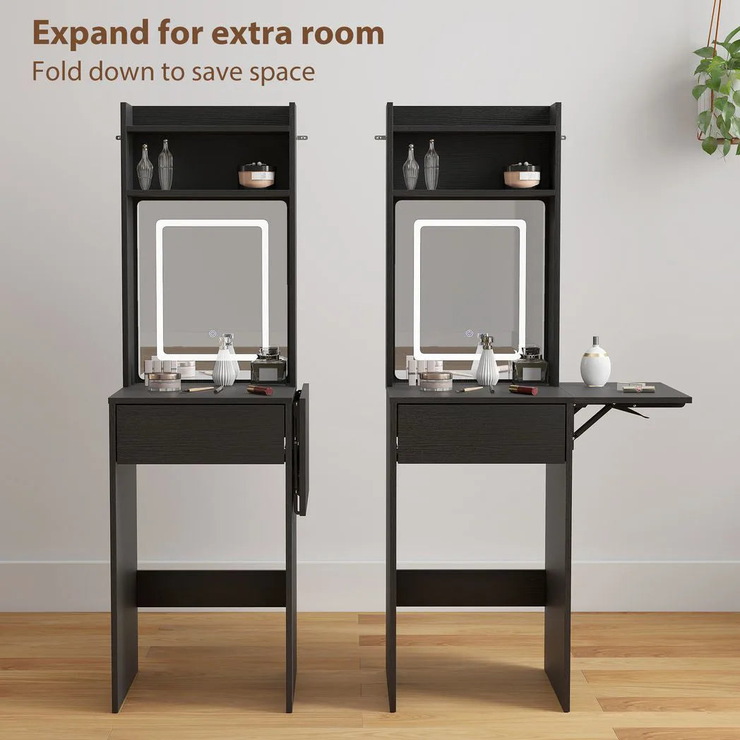 HOMCOM Small Vanity Desk with LED Mirror, Drop Leaf, Open Shelves and Drawer – Compact Dressing Table, Black
