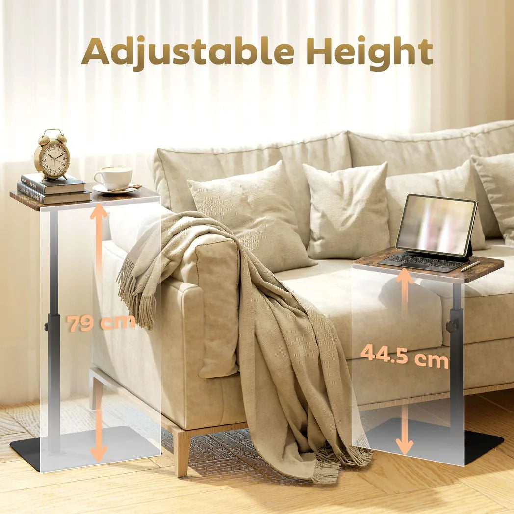 HOMCOM C Shaped Side Table with Adjustable Height 44.5–79 cm – Small End Table with Metal Base, Rustic Brown