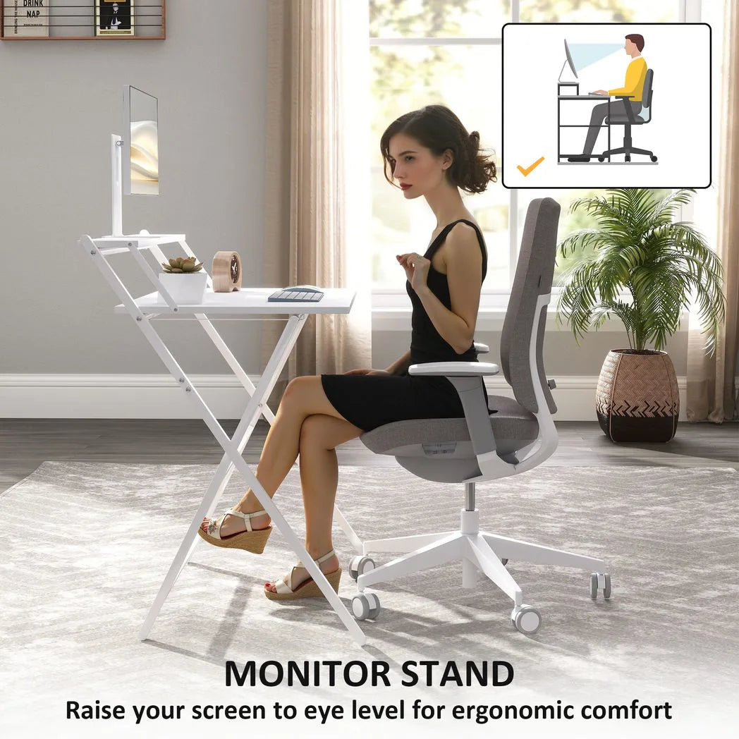 HOMCOM 81.5cm Folding Computer Desk with Monitor Shelf – Space-Saving Home Office Table, White