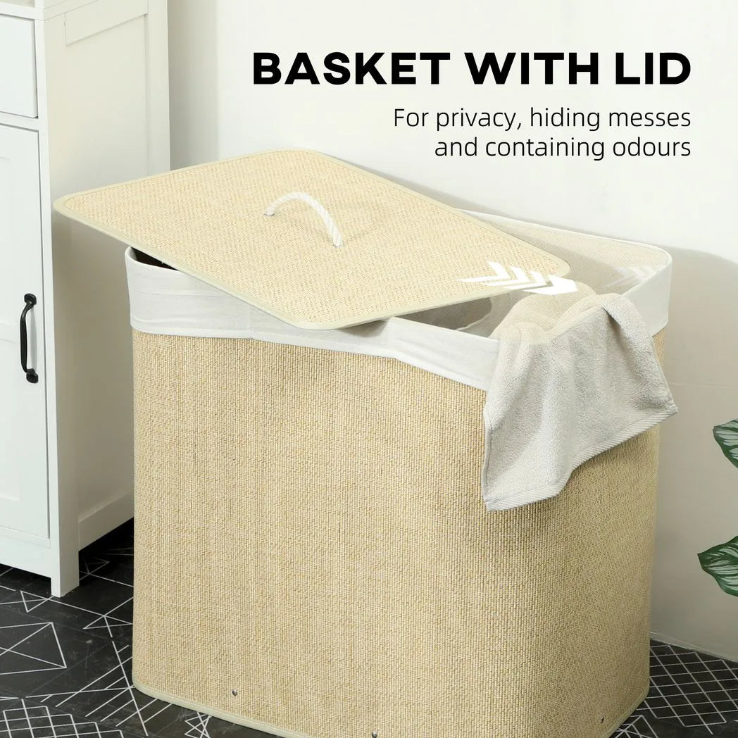 HOMCOM 3 Section Laundry Basket with Lid, 144L Bamboo Laundry Hamper with Handles and Liner, Cream White