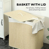 HOMCOM 3 Section Laundry Basket with Lid, 144L Bamboo Laundry Hamper with Handles and Liner, Cream White