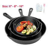 3-Piece Pre-Seasoned Cast Iron Frying Pan Set with Brush & Gloves – Skillet Griddle for Hob and Oven, Black