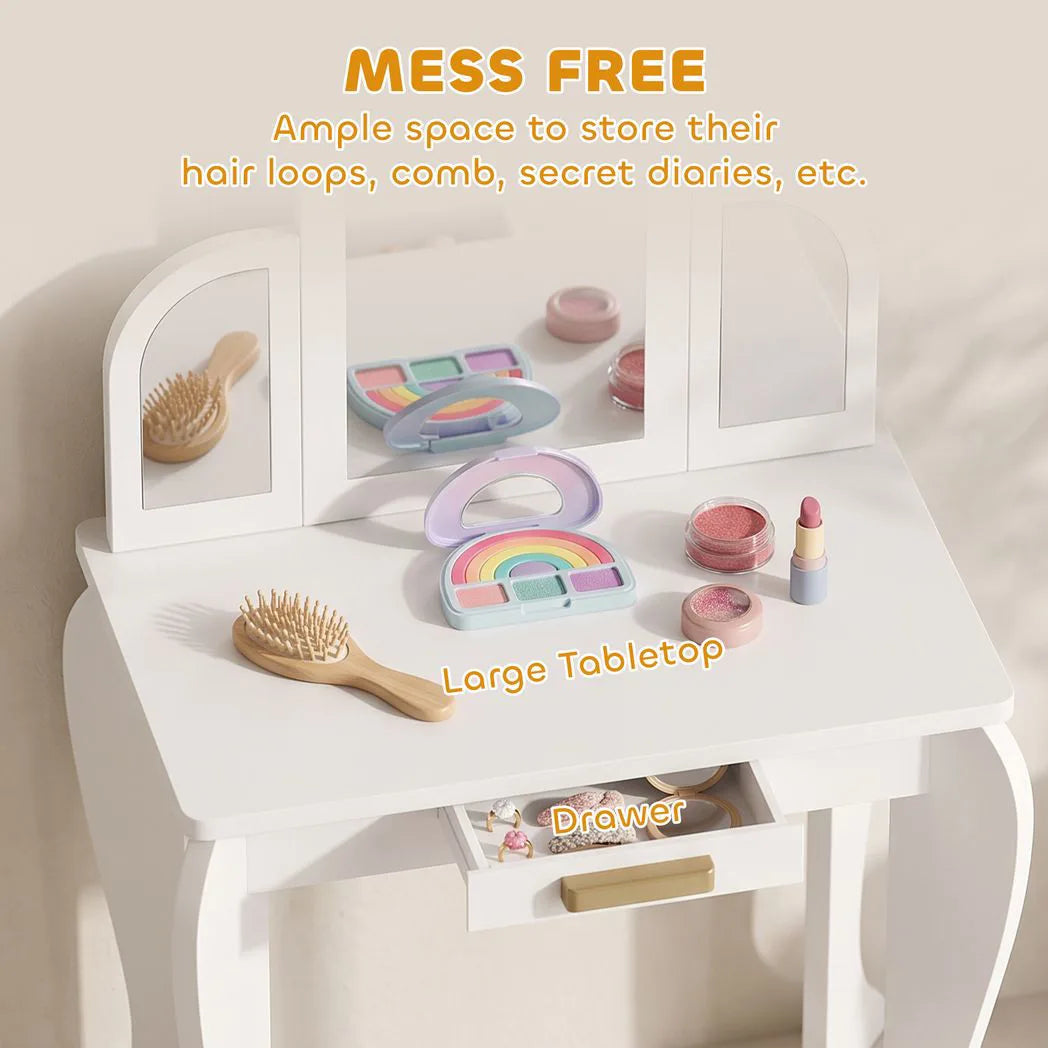 HOMCOM Kids Dressing Table and Stool Set with Mirror & Storage Drawer – Girls Vanity Table, Ages 3-6, White