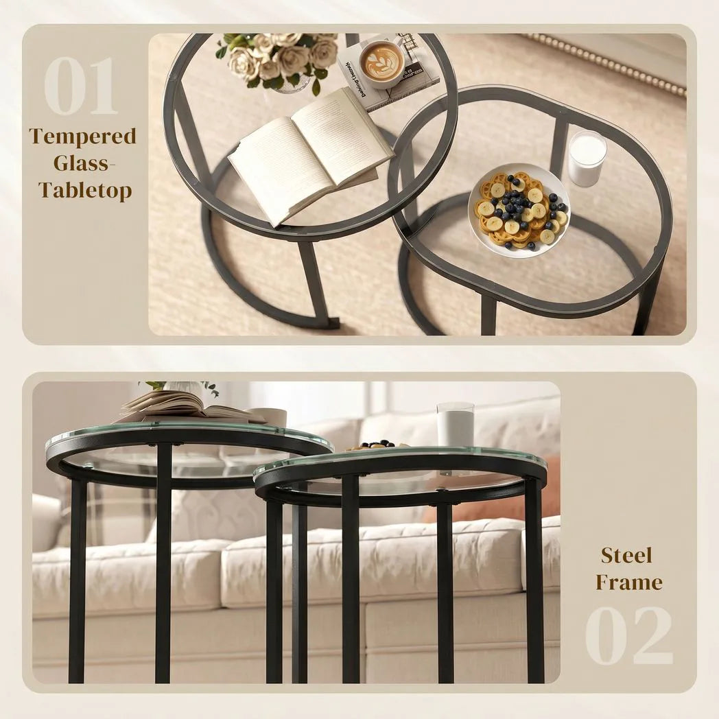 HOMCOM Nest of 2 Coffee Tables with Steel Frame and Tempered Glass Tops – Round and Oblong Side Tables, Black