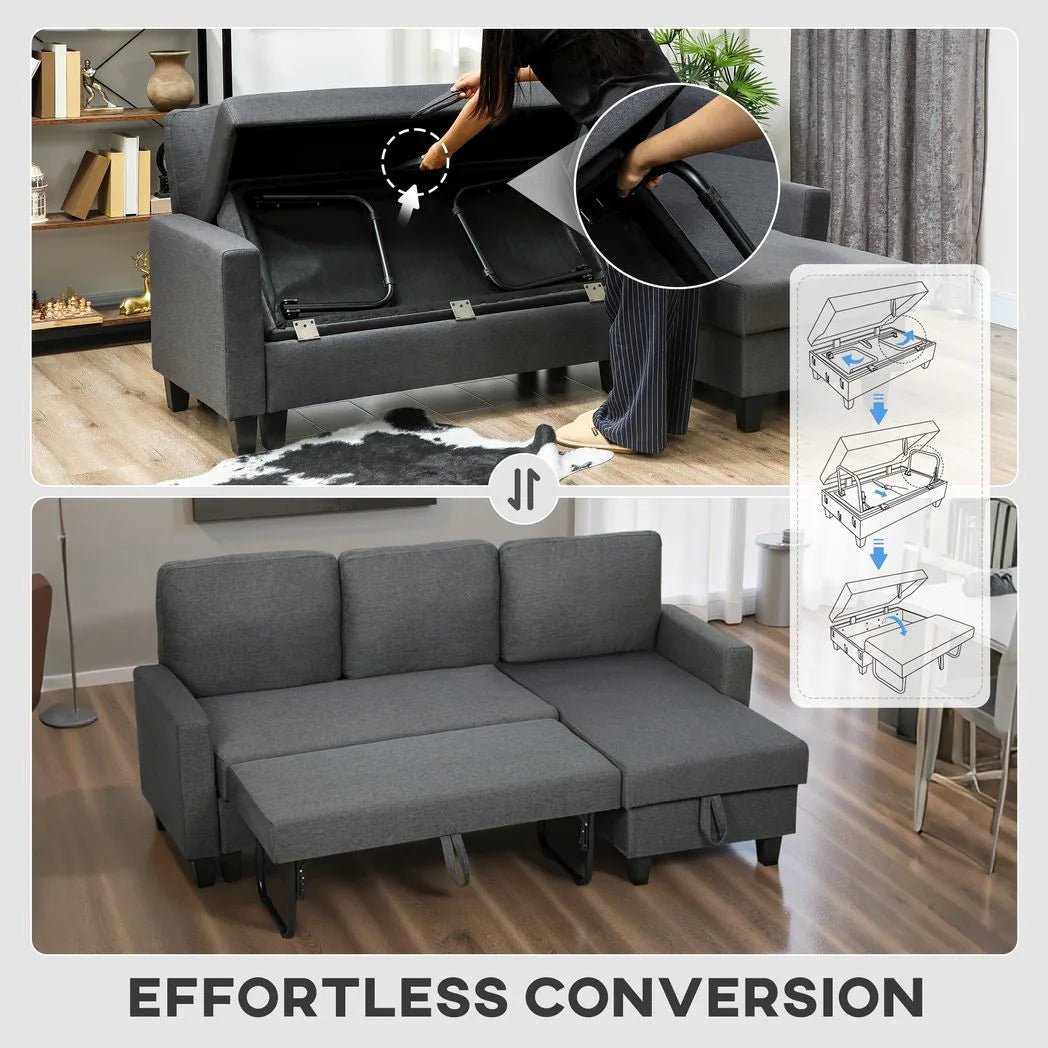 HOMCOM Three-Seater Storage Sofa Bed with Fold-Out Design and 110 cm Chaise Storage – Charcoal Grey