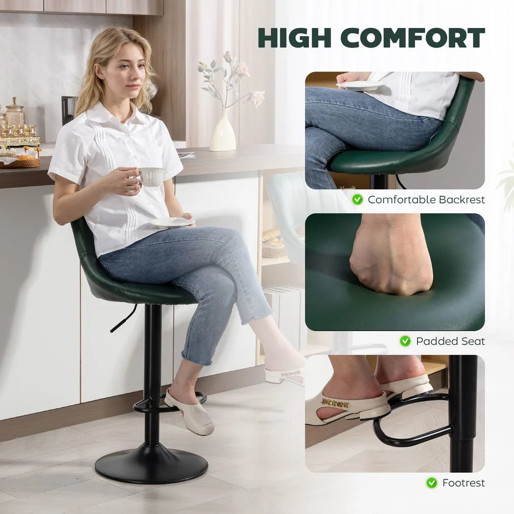 HOMCOM Set of 2 Faux Leather Bar Stools with 360° Swivel & Adjustable Height – Kitchen Stools, Dark Green