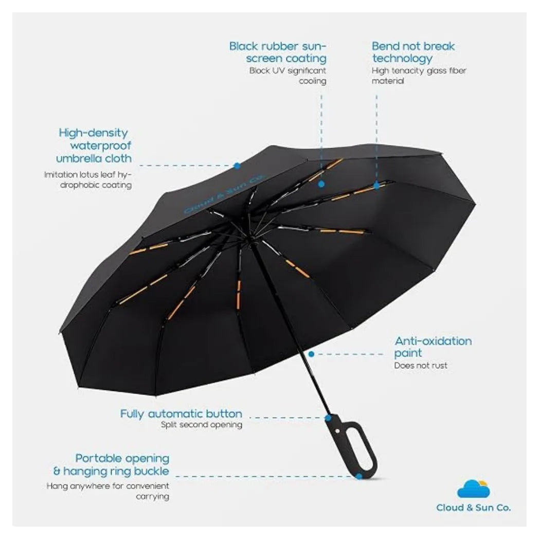 Windproof Automatic Folding Umbrella, 105 cm Canopy, 30 Reinforced Ribs, Ring Handle
