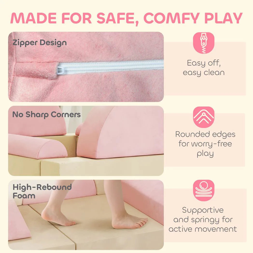 AIYAPLAY 12-Piece Foam Modular Soft Play Set with Slide – Kids Convertible Play Sofa for Playroom, Pink