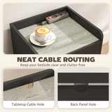 HOMCOM Modern Slim Bedside Table with Drawer, Shelf & Cable Holes – Nightstand, Black and Grey Wood Effect