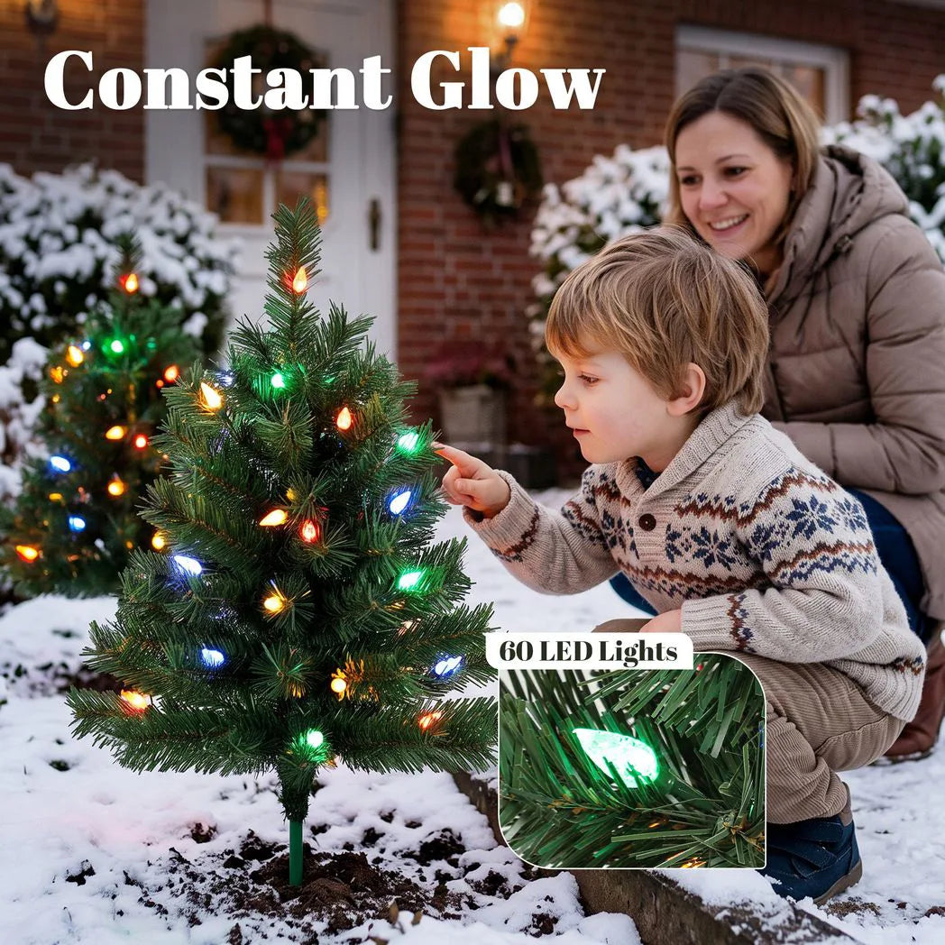 HOMCOM Set of 2 Pre-Lit 60 cm Outdoor Christmas Trees with Ground Stakes and 60 Multicolour LEDs, Green