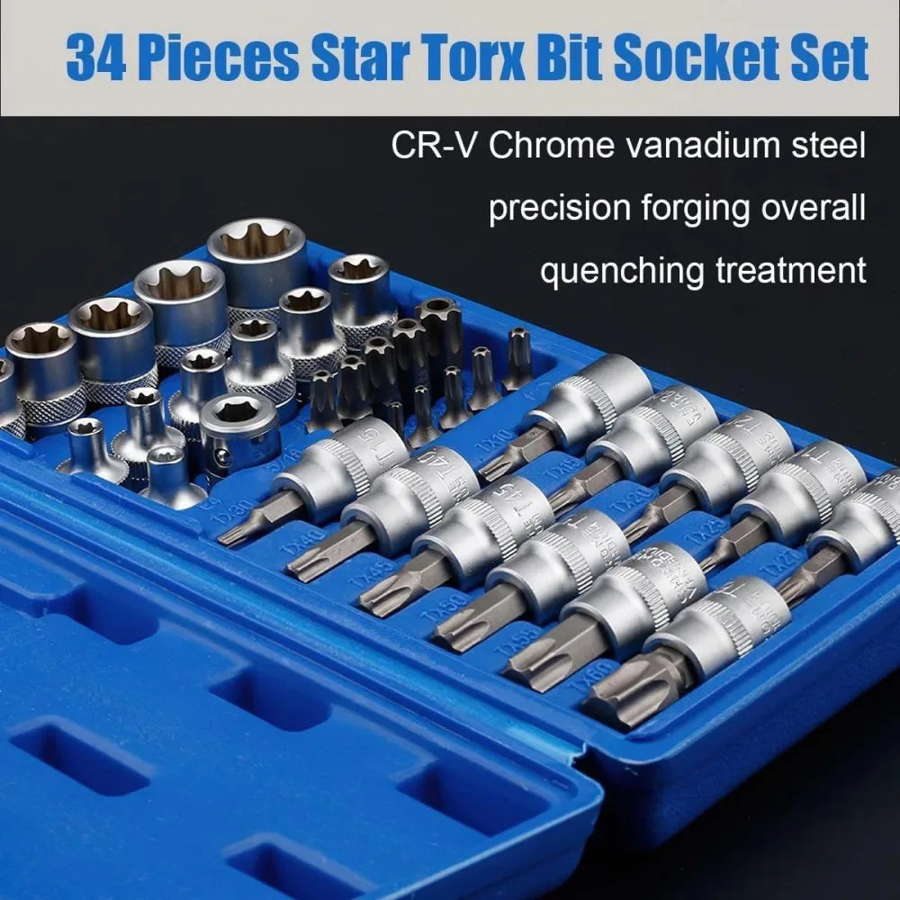34-Piece Torx Star Socket & Bit Set with E-Torx and Tamper-Proof Bits – Storage Case Included