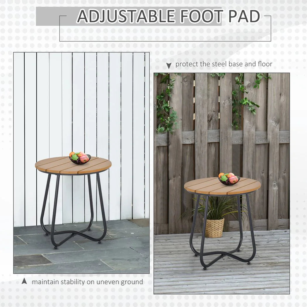 Outsunny Round Outdoor Side Table with Slatted Top and Adjustable Leg Pads, 49 x 49 x 48 cm – Natural Wood & Black