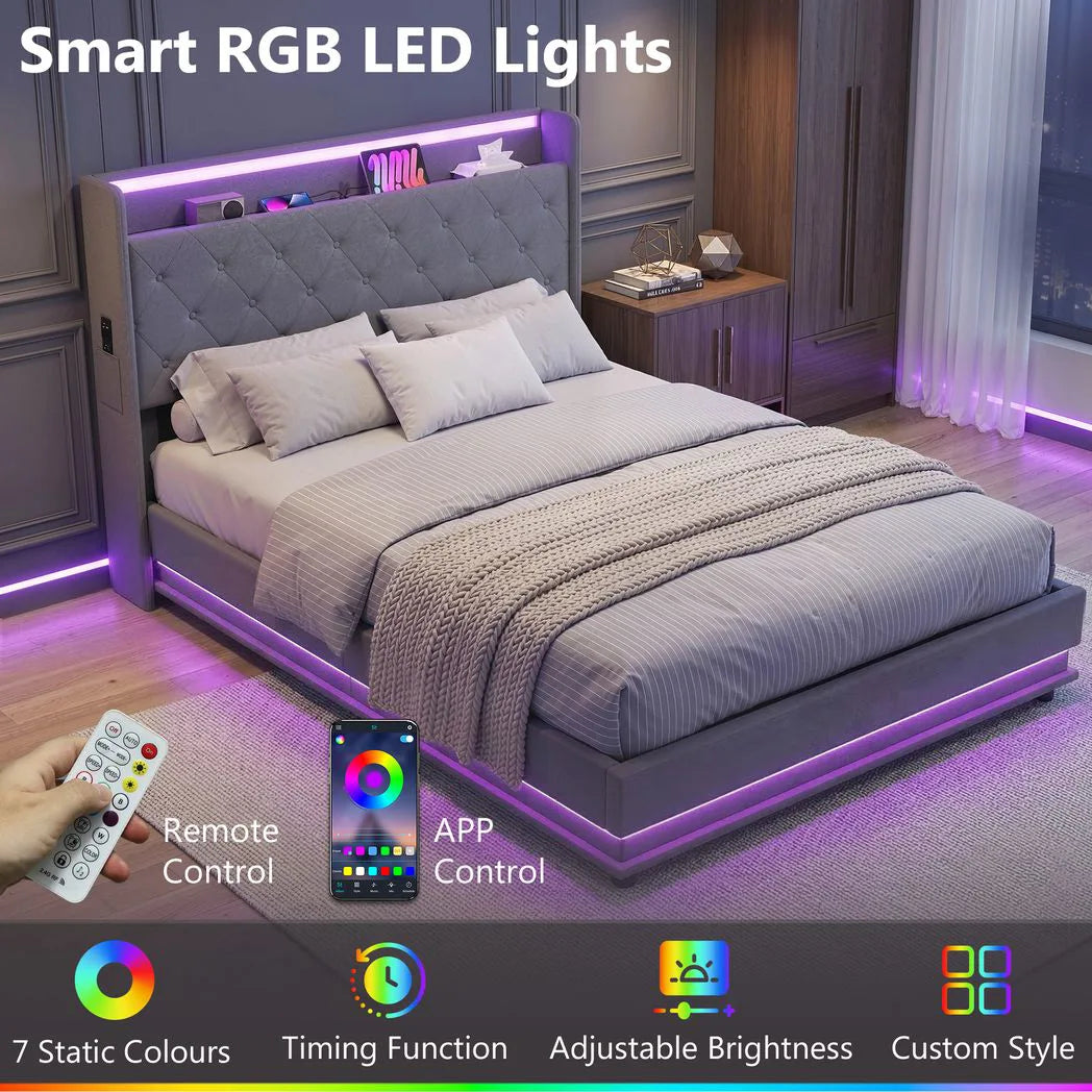 HOMCOM 4ft6 Double Ottoman Bed Frame with Hydraulic Storage, RGB LED Lights and USB Charging – Grey