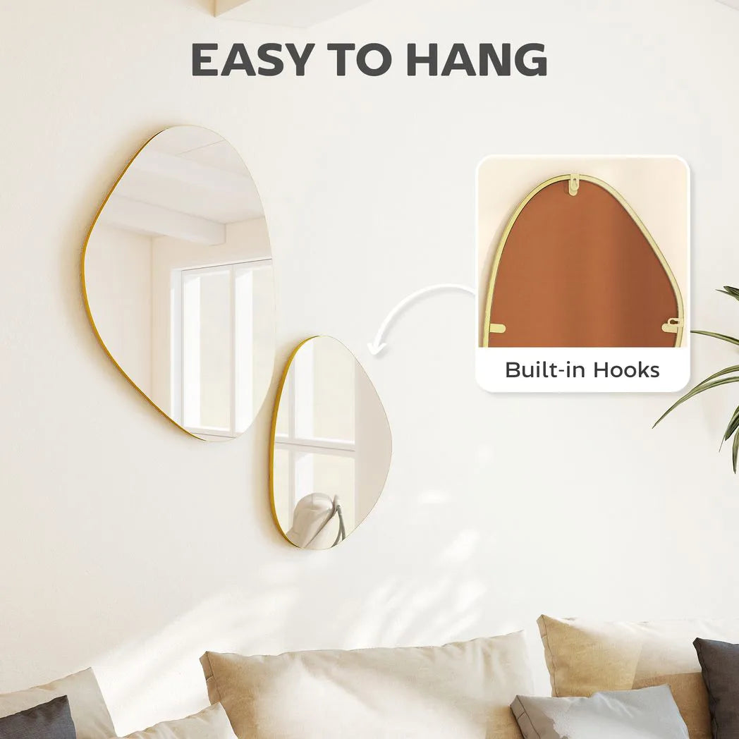 HOMCOM Set of 2 Pebble-Shaped Wall Mirror – Gold Tone