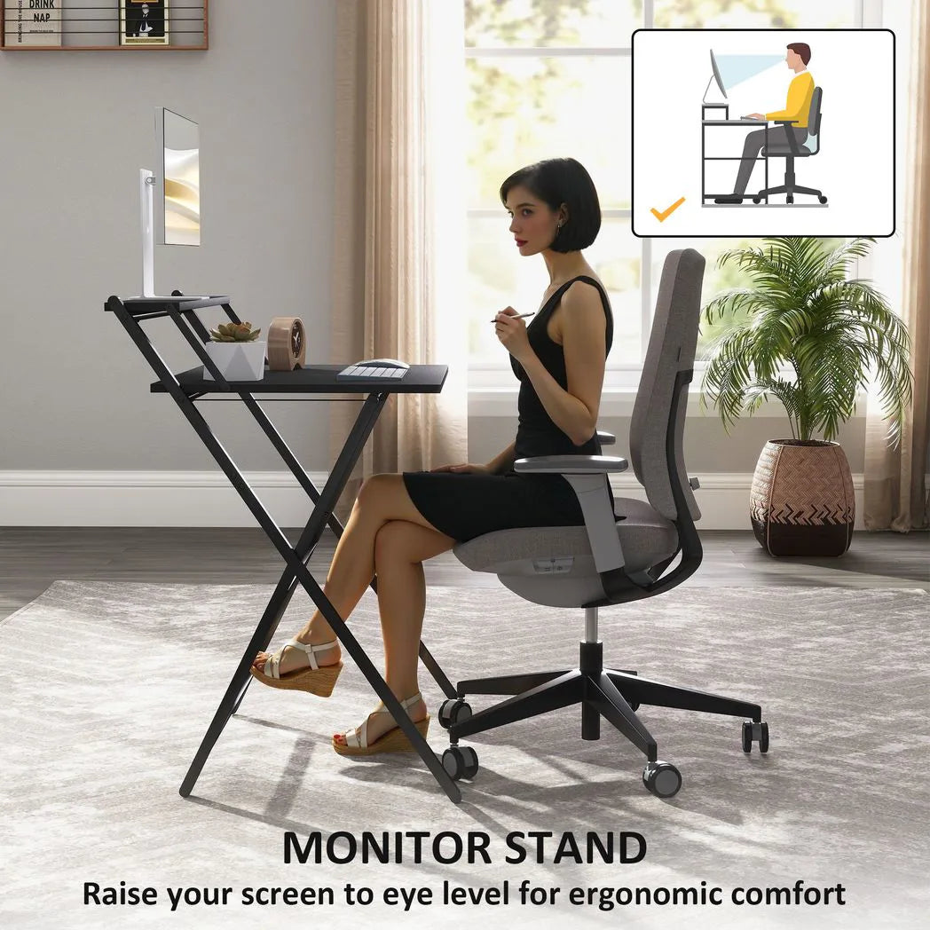 HOMCOM 70 cm Folding Computer Desk with Monitor Shelf – Compact Foldable Home Office Table, Black