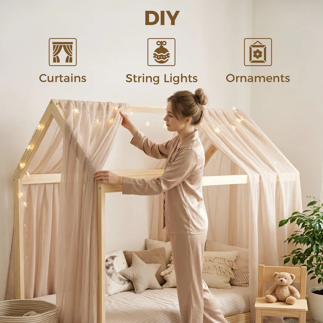 HOMCOM Single House-Shaped Pine Bed Frame for 90 x 190 cm Mattress – Scandinavian Style, Natural