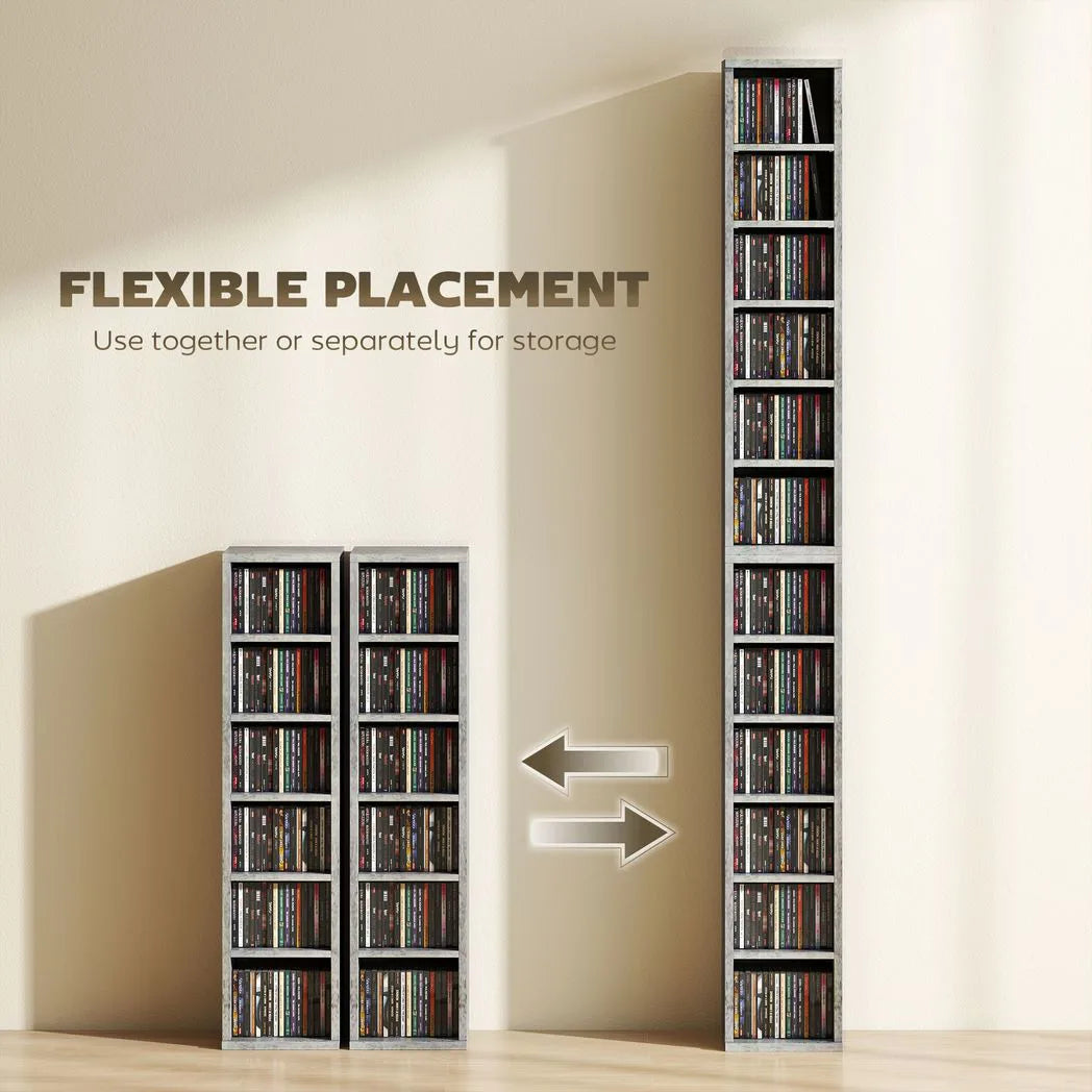 HOMCOM Set of 2 CD Media Display Shelf Towers with 5 Adjustable Shelves – Slim Racks, Grey