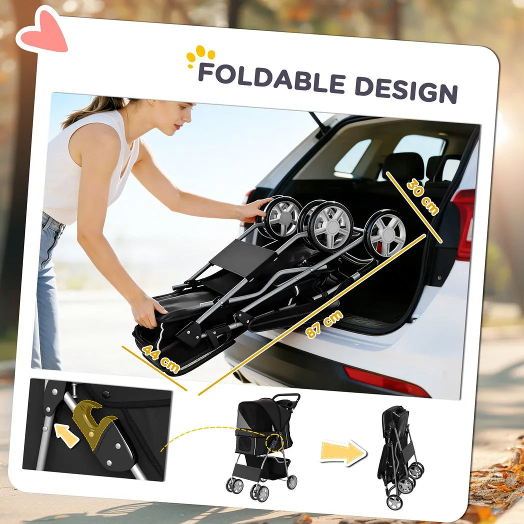 PawHut Foldable Dog Pram with Reflective Strips and 360° Swivel Wheels – Pet and Cat Stroller, Black
