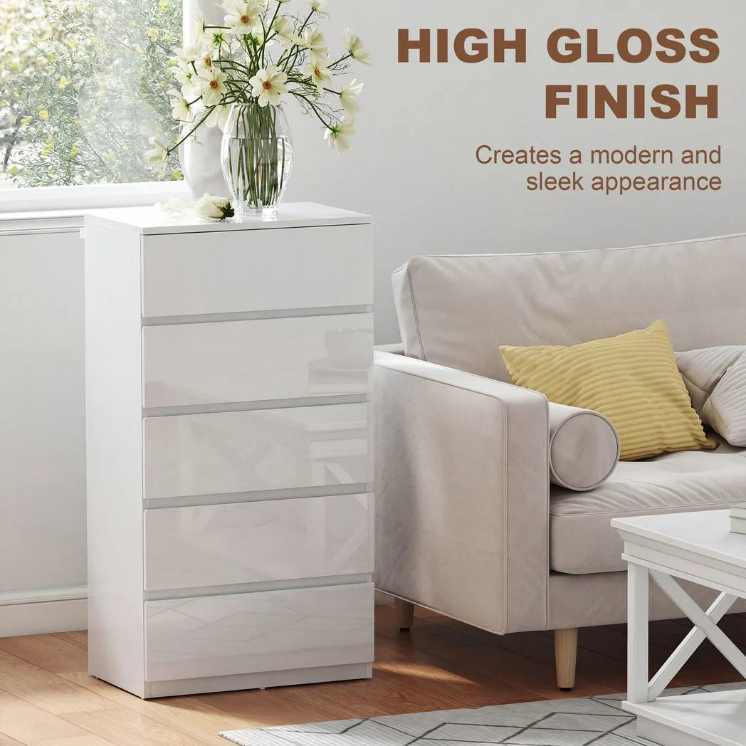 HOMCOM 5-Drawer Chest of Drawers with Handle-Free High Gloss Fronts & Soft-Close – Modern Bedroom Storage Unit