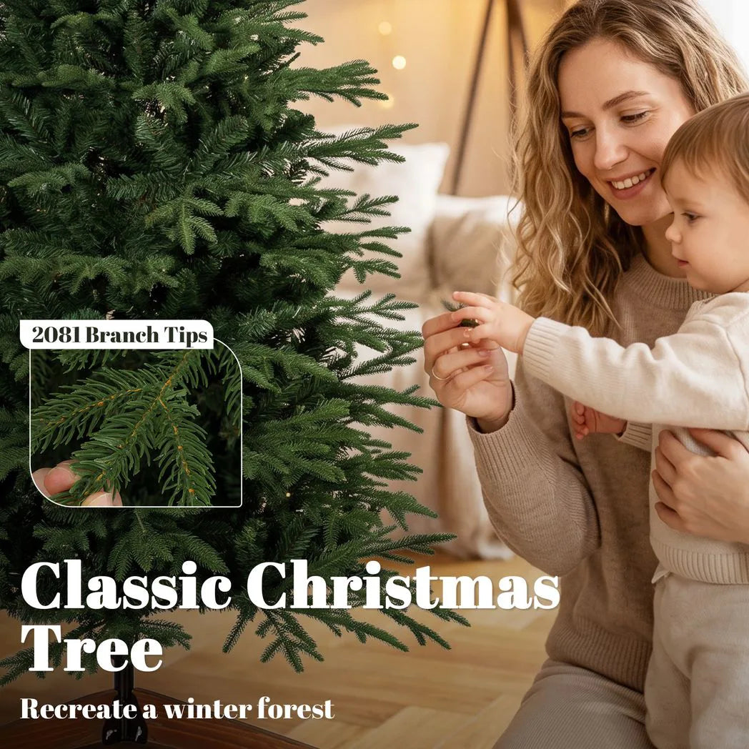 HOMCOM 6ft Artificial Christmas Tree – 180cm Hinged Xmas Tree with 2081 Tips and Solid Pine Wood Stand, Green