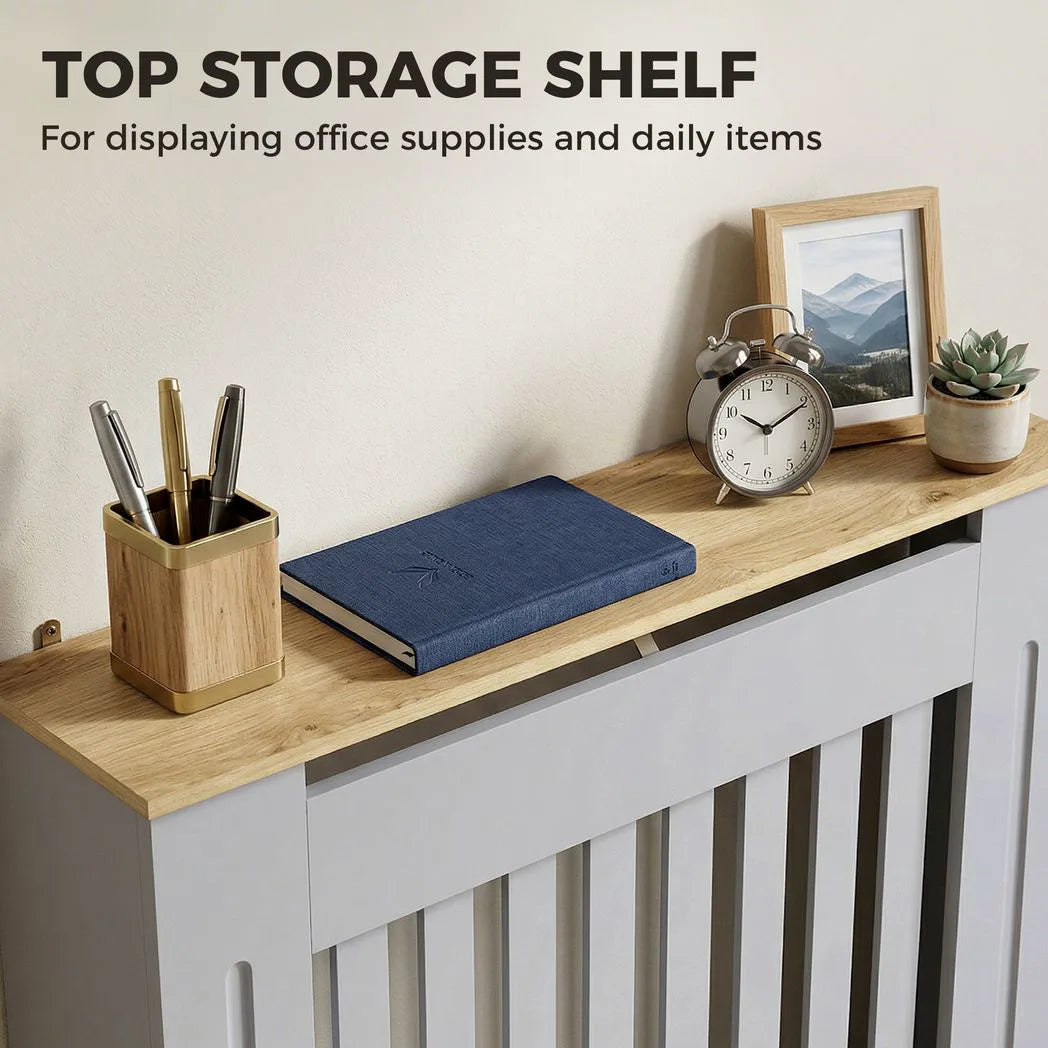 HOMCOM Slatted Radiator Cover with Top Shelf and Anti-Toppling Design – Painted MDF Heater Cabinet, Grey