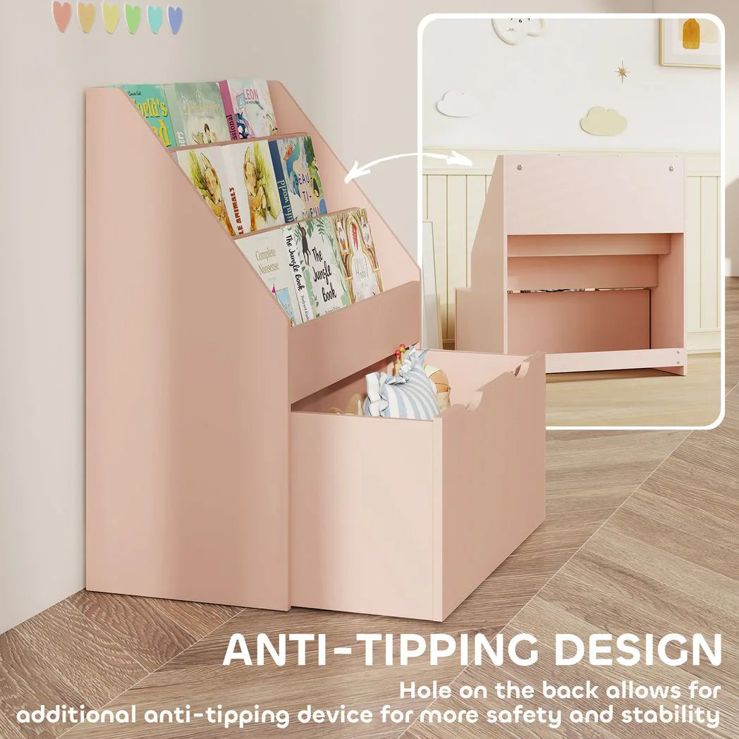 AIYAPLAY Kids Bookcase with 3 Shelves and Wheeled Drawer – Anti-Tip Playroom Storage for Ages 3–8, Pink