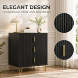 HOMCOM Modern Fluted 3 Drawer Dresser with Metal Legs and Gold-Colour Handles – Bedroom & Hallway Chest of Drawers, Black