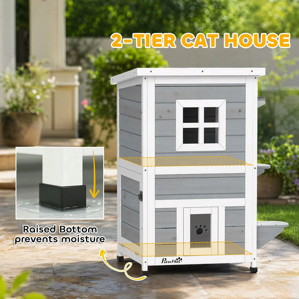 PawHut Wooden 2-Floor Outdoor Cat House with 3 Doors, Window and Asphalt Roof – Kitten Shelter, Grey
