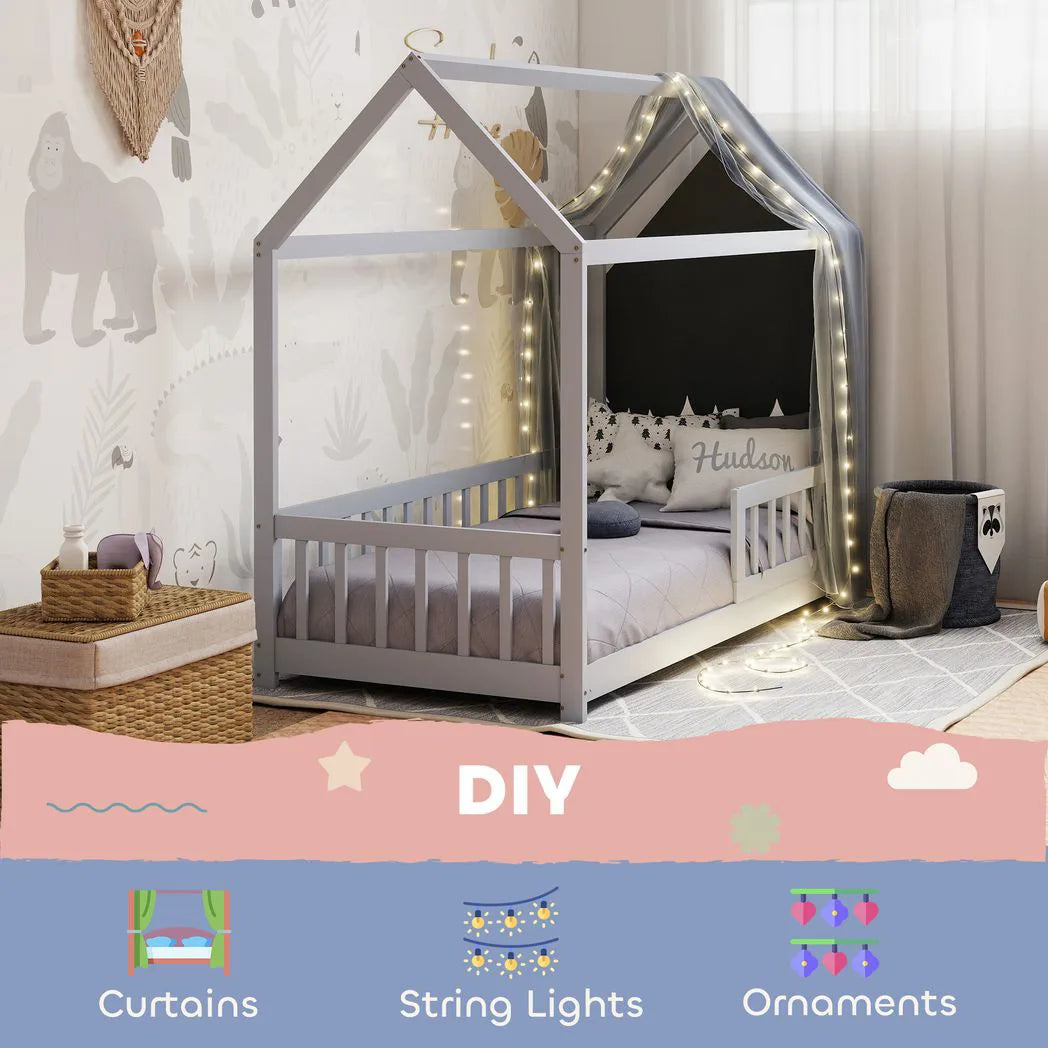 HOMCOM House-Shaped Kids Single Bed Frame with Guard Rails – Solid Pine, Grey