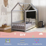 HOMCOM House-Shaped Kids Single Bed Frame with Guard Rails – Solid Pine, Grey