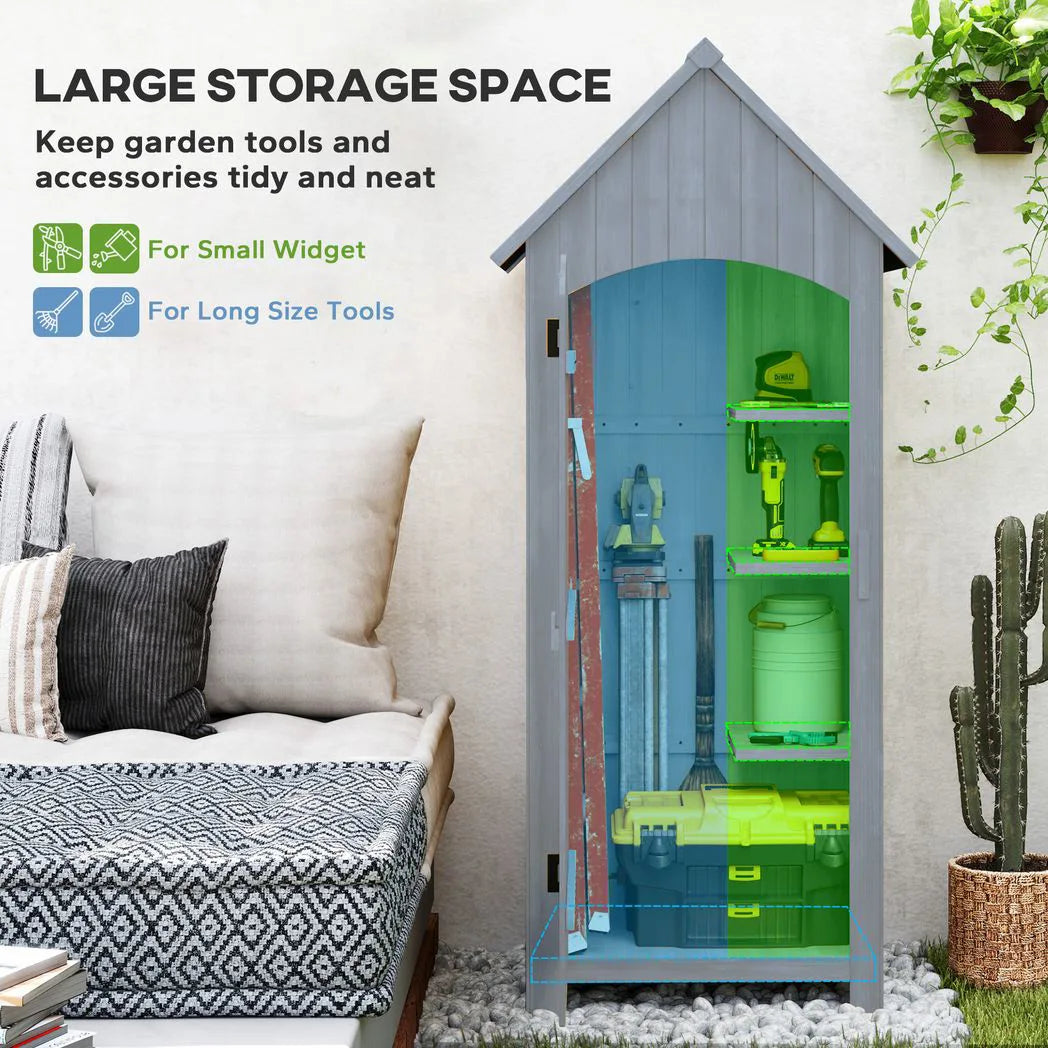 Outsunny Wooden Garden Storage Shed with 3 Shelves, Tilt Roof and Lockable Door – Outdoor Tool Cabinet, Grey