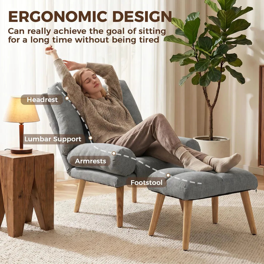 HOMCOM Recliner Chair with Footstool – Armchair with 3-Position Backrest and Wooden Legs, Grey